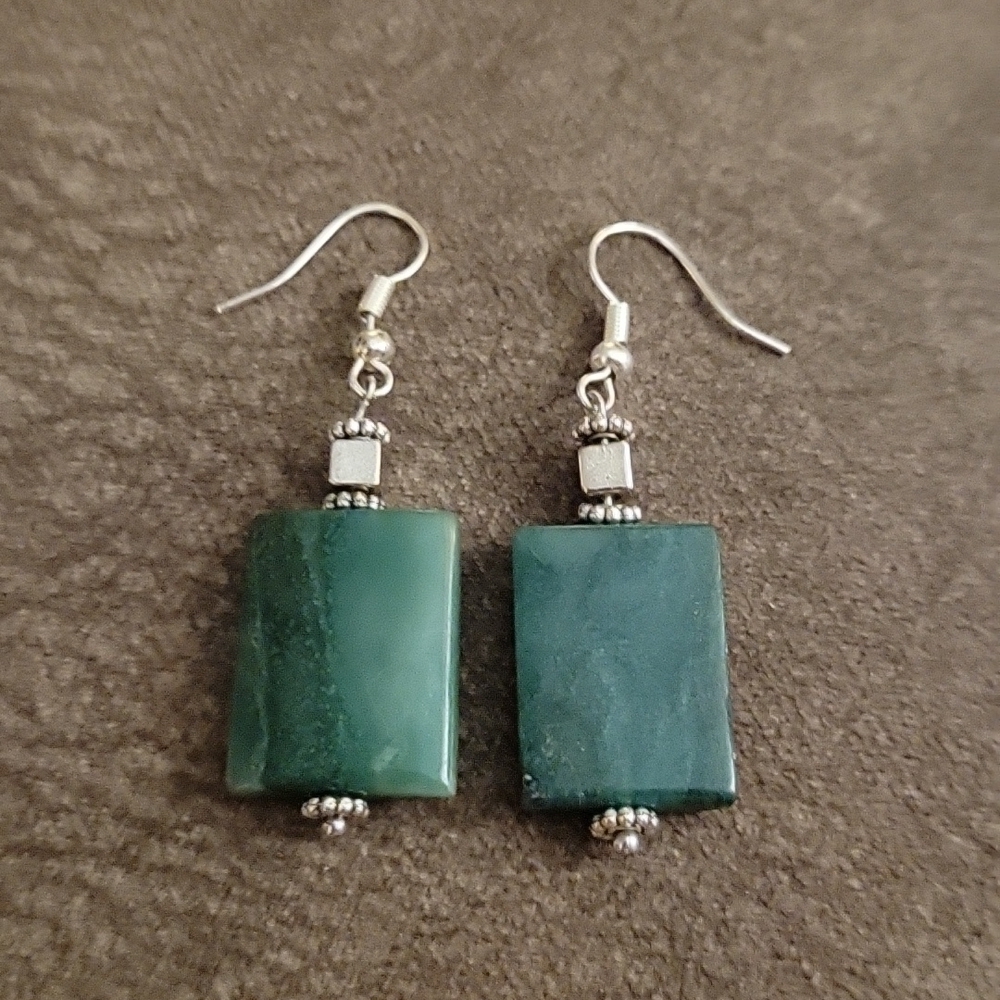 Handmade Emerald Jade Rectangle Dangle Hook Earrings - Picture 3 of 4
